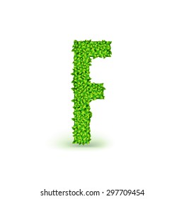Green Leaves font. Capital letter F consisting of green leaves, vector illustration.