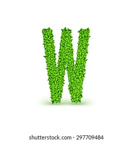 Green Leaves font. Capital letter W consisting of green leaves, vector illustration.