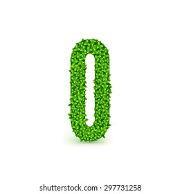 Green Leaves font. Capital letter O consisting of green leaves, vector illustration.