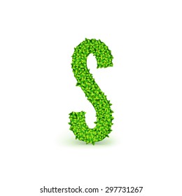Green Leaves font. Capital letter S consisting of green leaves, vector illustration.