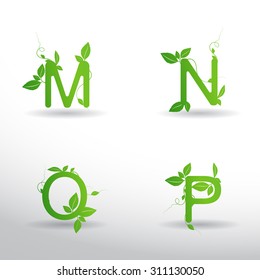 Green Leaves font, Vector  alphabet set of eco letters logo with leaves:  M,N,O,P