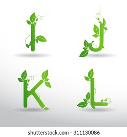 Green Leaves font, Vector  alphabet set of eco letters logo with leaves:  I, J,K,L