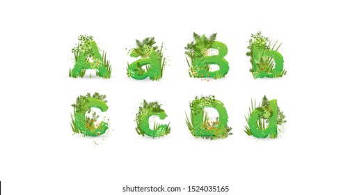 Green Leaves font. Vector illustration. Stylish eco alphabet from colorful tropical leaves, bushes, flowers and nature elements. Egology and natural font, summer and tropical letters isolated on white