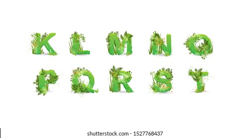 Green Leaves Font. Vector Illustration. Stylish Eco Alphabet From Colorful Tropical Leaves, Bushes, Flowers And Nature Elements. Egology And Natural Font, Summer And Tropical Letters Isolated On White