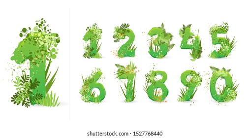 Green Leaves font. Vector illustration. Stylish eco alphabet from colorful tropical leaves, bushes, flowers and nature elements. Egology and natural font, summer and tropical letters isolated on white