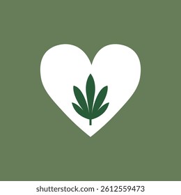 Green leaves form a heart icon, a floral symbol of nature's love and eco design