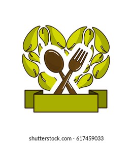 green leaves in form of heart with spoon, fork and ribbon