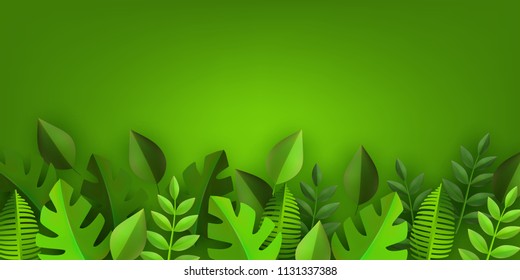 Green leaves frame background template with text space. Abstract natural decoration pattern. Summer tropucal exotic jungle. Fern monstera paradise resort, holiday vacation, oraganic food vector poster