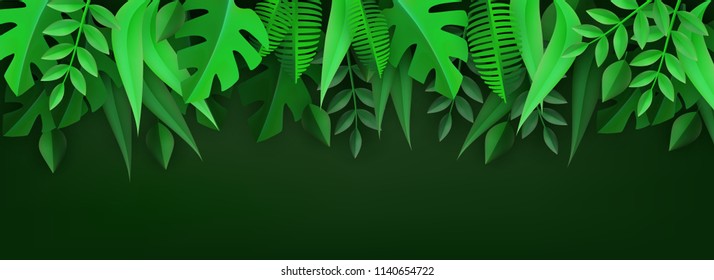 Green leaves frame background template with text space. Abstract natural decoration pattern. Summer tropucal exotic jungle. Fern monstera paradise resort, holiday vacation, oraganic food vector poster
