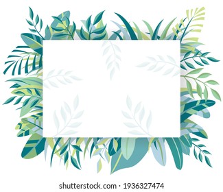 Green Leaves frame border. Texture with Fern and Palm leaves, Palm spring Summer Paper Art, Vector illustration in white background