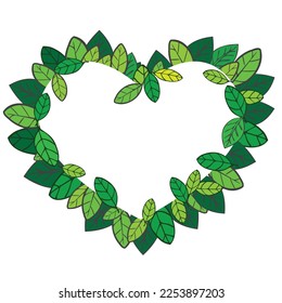 Green leaves frame with copy space in the middle, love heart shape, vector illustration of natural mock up template design