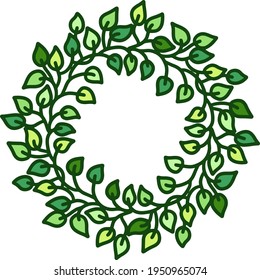 Green leaves frame in eco style. Doodle round ornament. Vector illustration.
