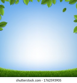 Green Leaves Frame With Grass With Blue Background With Gradient Mesh, Vector Illustration