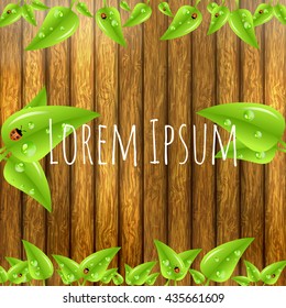 Green leaves frame isolated on wooden background. Vector illustration.