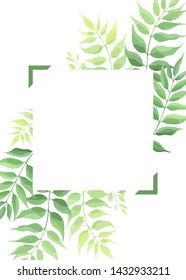 Green leaves frame template. Floral border. Vector illustration.