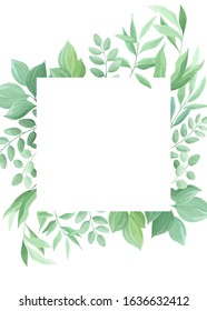 Green leaves frame template. Floral border. Vector illustration.