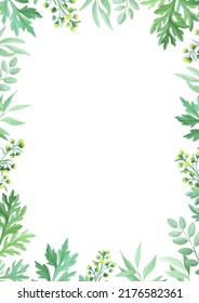 Green Leaves Frame Template. Floral Border With Place For Text. Sagebrush And Wild Herbs Design. Vector Illustration.