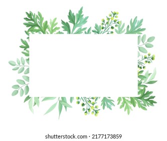 Green Leaves Frame Template. Floral Border With Place For Text. Sagebrush And Wild Herbs Design. Vector Illustration.	