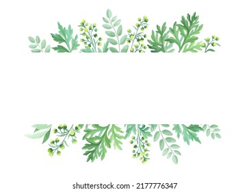 Green Leaves Frame Template. Floral Border With Place For Text. Sagebrush And Wild Herbs Design. Vector Illustration.