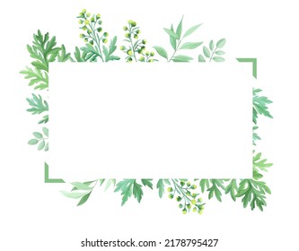 Green Leaves Frame Template. Floral Border With Place For Text. Sagebrush And Wild Herbs Design. Vector Illustration.	