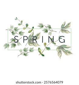 Green leaves, frame, white background. Print for t shirt, poster, with text. Vector illustration. Spring garden nature. Floral arrangement. Design template greeting card