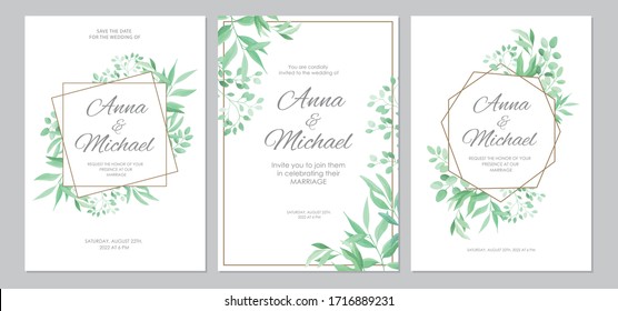 Green leaves geometric border. Wedding invitations set. Floral design card template. Vector illustration.