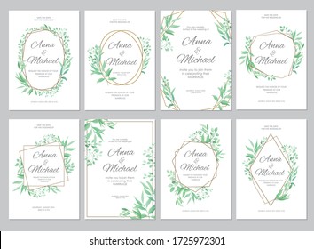 Green leaves geometric border. Wedding invitations set. Floral design card template. Vector illustration.