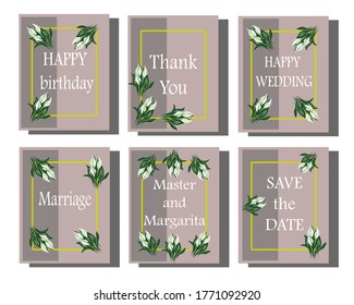 Borde geométrico de hojas verdes. Invitaciones de boda establecidas. Plantilla de tarjeta de diseño floral. Ilustración vectorial.Tarjeta de felicitación. Objetos aislados.
