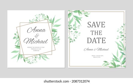Borde geométrico de hojas verdes. Invitaciones de boda establecidas. Plantilla de tarjeta de diseño floral. Ilustración vectorial.