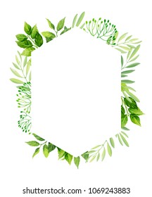 Green leaves geometric frame template. Floral background. Vector illustration.