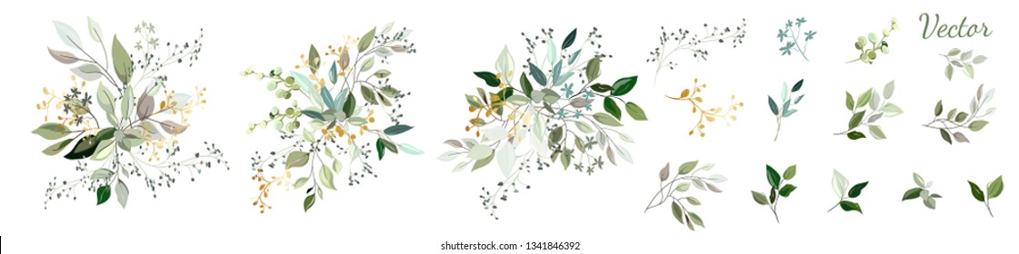 Green leaves with gold. Set: arrangement of leaves and gold elements, branches and ornamental herbs. Vector design.