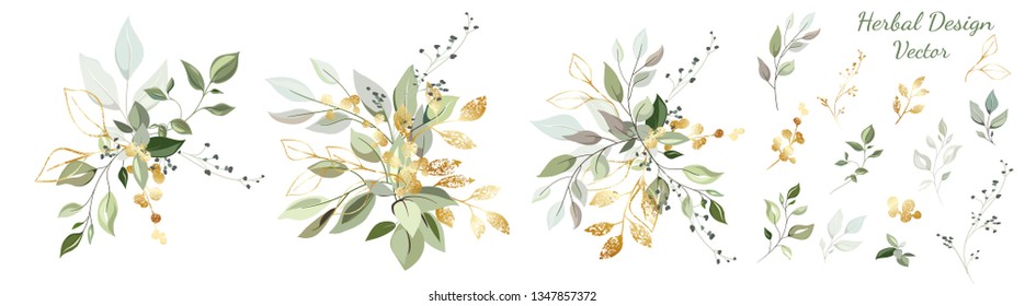 Green leaves with gold. Set: arrangement of leaves and gold elements, branches and ornamental herbs. Vector design.