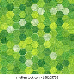 Green leaves gradient hexagon honeycomb mosaic texture background. Seamless pattern. Abstract ornament of radial striped geometric shapes vector illustration