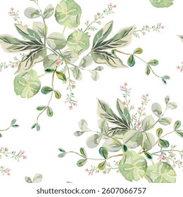 Green leaves, greenery, white background. Vector floral illustration. Seamless pattern. Summer bouquets. Botanical design