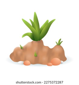 Green leaves growing out of ground 3D illustration. Cartoon drawing of plants growing in garden in 3D style on white background. Nature, spring, botany, environment, gardening concept