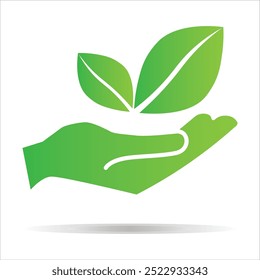 Green leaves in hand, bio icon symbol. Hand with eco green leaf icon Bio nature symbol for web, print. Green energy concept. Element of nature protection icon. Care eco bio. Environmental concept.