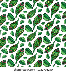 green leaves hand draw pattern on white background