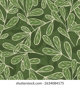 Green leaves hand drawn seamless pattern. Botanical background. Vector tile for textile design, wrapping paper, decoration, web, social media