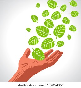 Green leaves hand . Eco Friendly Vector illustration.