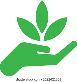 Green leaves in hand icon isolated on white background . Eco icon design . Vector illustration