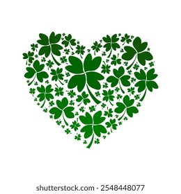 Green leaves heart shape illustration. Irish leves patterned heart for Saint Patrick's Day. Irish decorative heart element on St. Patrick Day. Heart from traditional leaves - Clover and Shamrock.