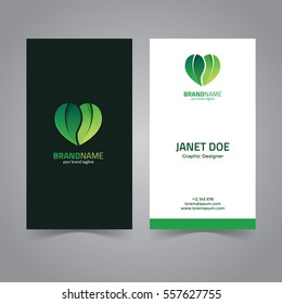 Green leaves with heart shape logo design template & business card