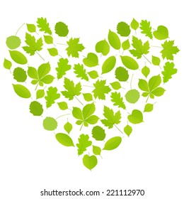 Green leaves heart symbol vector background ecology concept