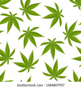 Green leaves hemp seamless pattern. Vector illustration of cannabis on white background. Cartoon simple flat style.