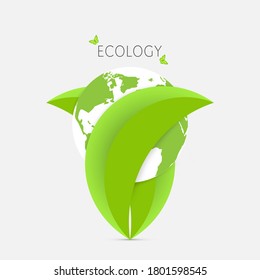 Green leaves holding earth, environmental ecology concept vector illustration