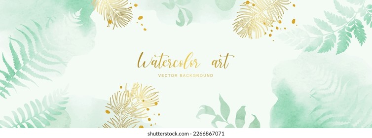 Green leaves horizontal banner. Forest herbs, fern leaves, pine branch, line art on hand drawn splash background. Watercolor style card. Vector illustration.