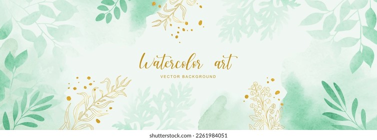 Green leaves horizontal banner. Wild herbs, sagebrush leaves, line art on hand drawn splash background. Watercolor style card. Vector illustration.