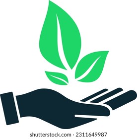 The green leaves icon in the hand as an environmental conservation