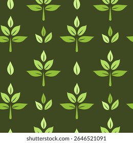 Green leaves icon seamless pattern on dark background, simple graphic pictogram illustration, eco friendly organic concept clip art, flat label element for logo, vegan, save energy and self care