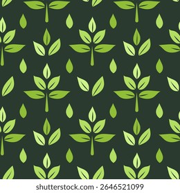 Green leaves icon seamless pattern on dark background, simple graphic pictogram illustration, eco friendly organic concept clip art, flat label element for logo, vegan, save energy and self care